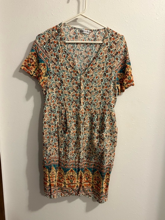 Temofon Dresses & Skirts - Floral Boho Button-Front Dress with Teal, Orange, & Mustard Accents Size Medium